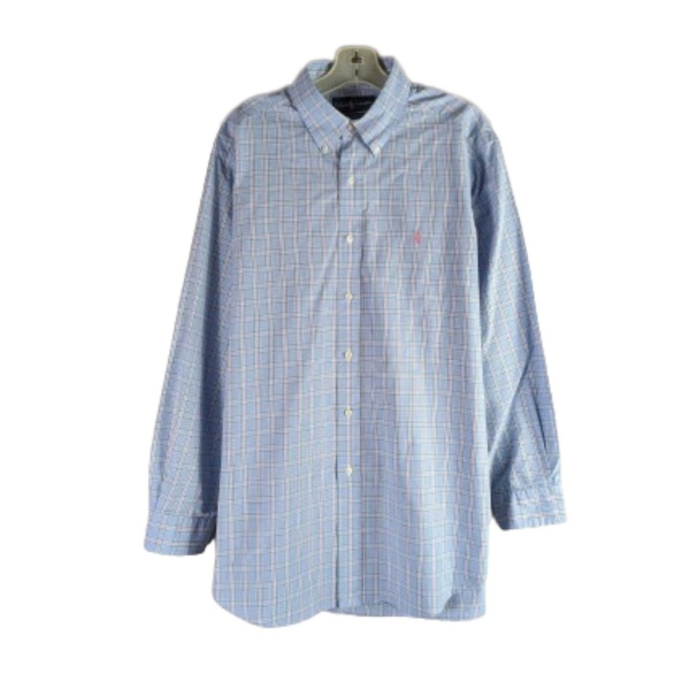 Ralph Lauren Shirt Mens button down Blue Plaid Shirt Logo Size 16.5 - Picture 1 of 9